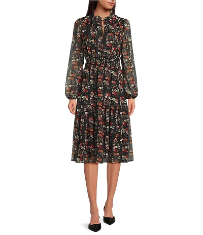 Lucy Paris Dallas Floral V-Neck Long Sleeve Chiffon Midi Dress