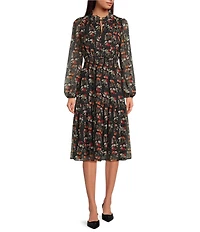 Lucy Paris Dallas Floral V-Neck Long Sleeve Chiffon Midi Dress