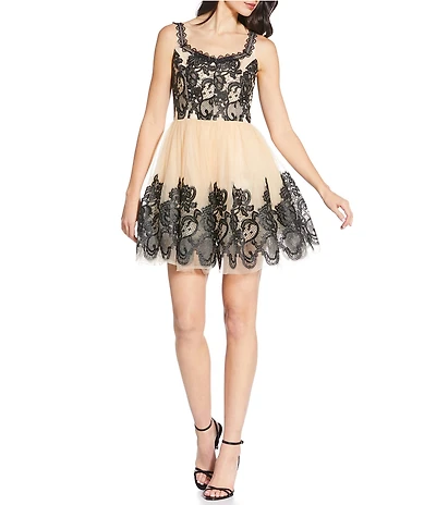 Lucy Paris Dolly V-Neck Sleeveless Lace Embroidered Tulle Mini Dress