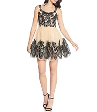 Lucy Paris Dolly V-Neck Sleeveless Lace Embroidered Tulle Mini Dress