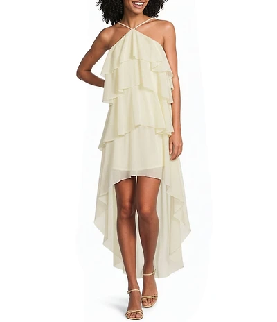 Lucy Paris Emery Ruffle Chiffon Halter Neck Sleeveless Hi-Low Dress