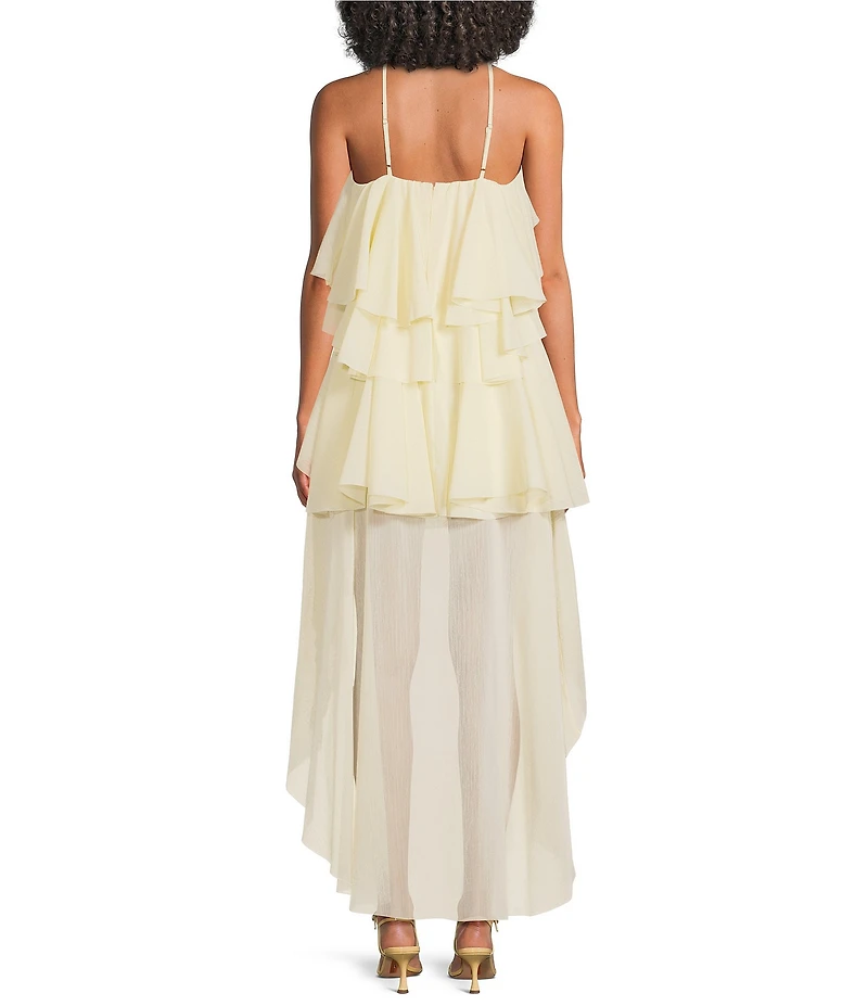 Lucy Paris Emery Ruffle Chiffon Halter Neck Sleeveless Hi-Low Dress