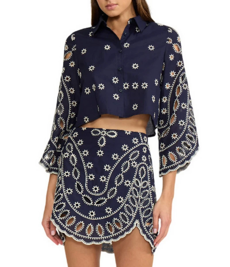 Lucy Paris Fallon Embroidered Eyelet Point Collar Long Sleeve Coordinating Button Front Top