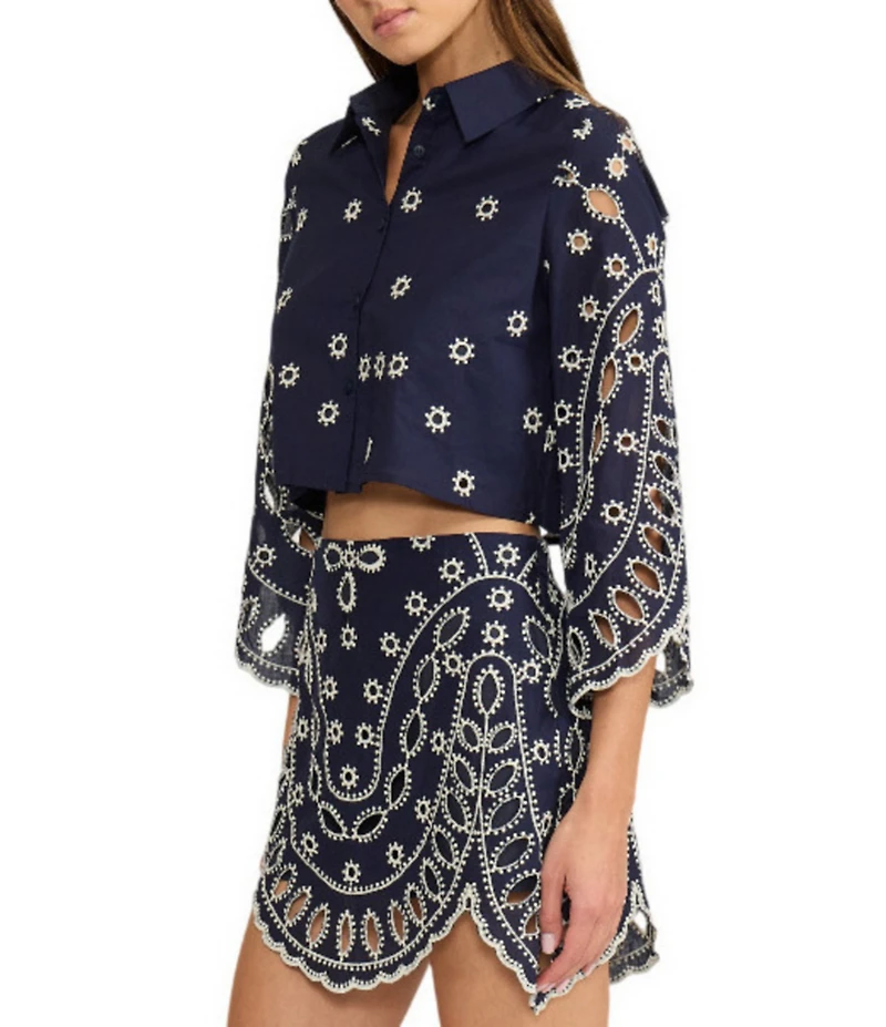 Lucy Paris Fallon Embroidered Eyelet Point Collar Long Sleeve Coordinating Button Front Top