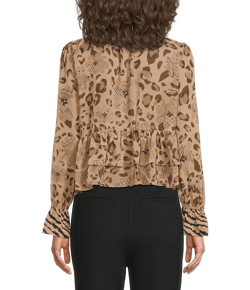 Lucy Paris Georgia Animal Printed V-Neck Long Sleeve Chiffon Tie Top