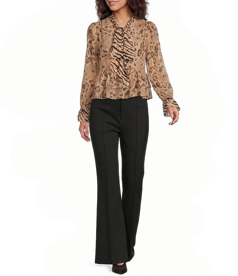 Lucy Paris Georgia Animal Printed V-Neck Long Sleeve Chiffon Tie Top