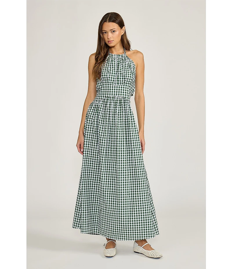 Lucy Paris Gingham Print Halter Neck Sleeveless Maxi Dress
