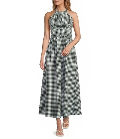 Lucy Paris Gingham Print Halter Neck Sleeveless Maxi Dress