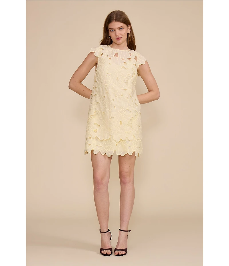 Lucy Paris Greta Floral Eyelet Round Neck Short Sleeve Mini Dress
