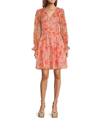 Lucy Paris Haisley Floral Print Eyelet V-Neckline Long Sleeve Dress