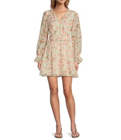 Lucy Paris Haisley Floral Print Eyelet V-Neckline Long Sleeve Dress