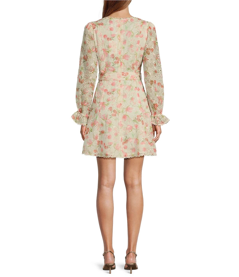 Lucy Paris Haisley Floral Print Eyelet V-Neckline Long Sleeve Dress