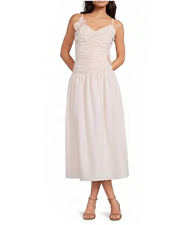 Lucy Paris Harlowe V-Neck Sleeveless Ruched Bodice 3D Floral Midi Dress