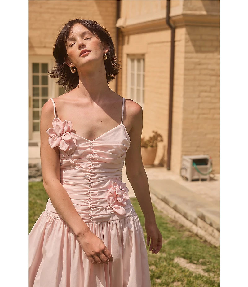 Lucy Paris Harlowe V-Neck Sleeveless Ruched Bodice 3D Floral Midi Dress