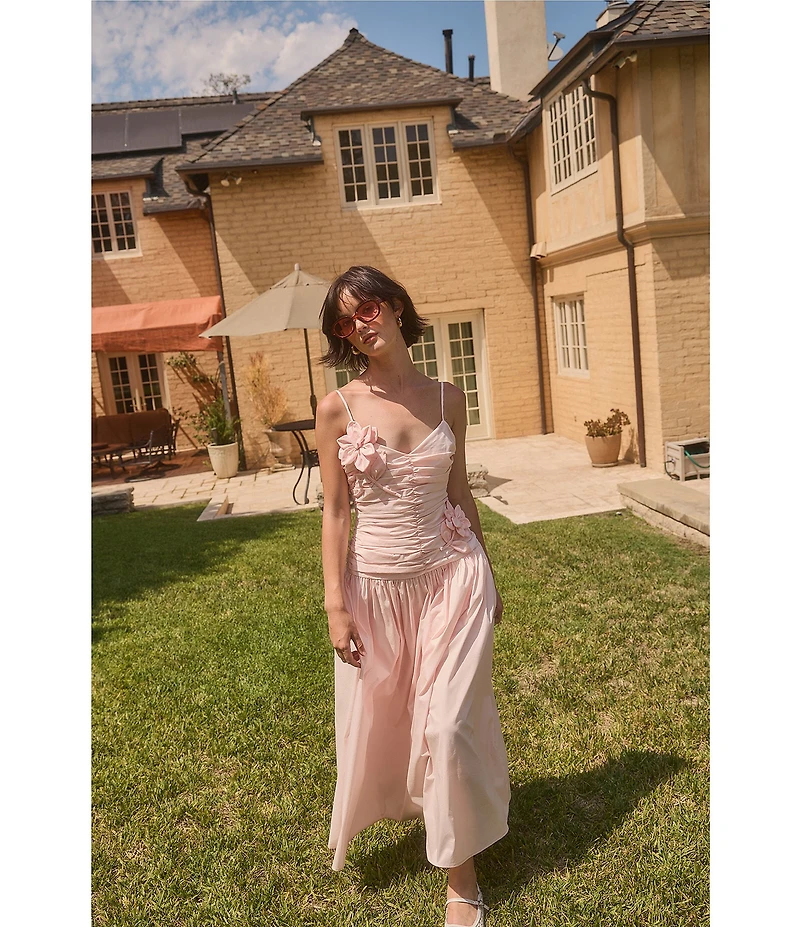 Lucy Paris Harlowe V-Neck Sleeveless Ruched Bodice 3D Floral Midi Dress