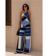 Lucy Paris Harris Printed Beaded One Shoulder Sleeveless Coordinating Top