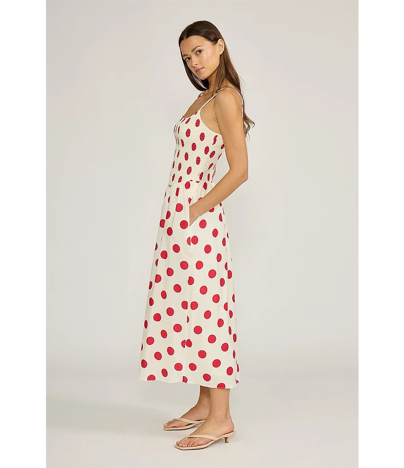Lucy Paris Hazel Dot Printed Square Neck Sleeveless Fit and Flare Smocked Poplin Midi Dess