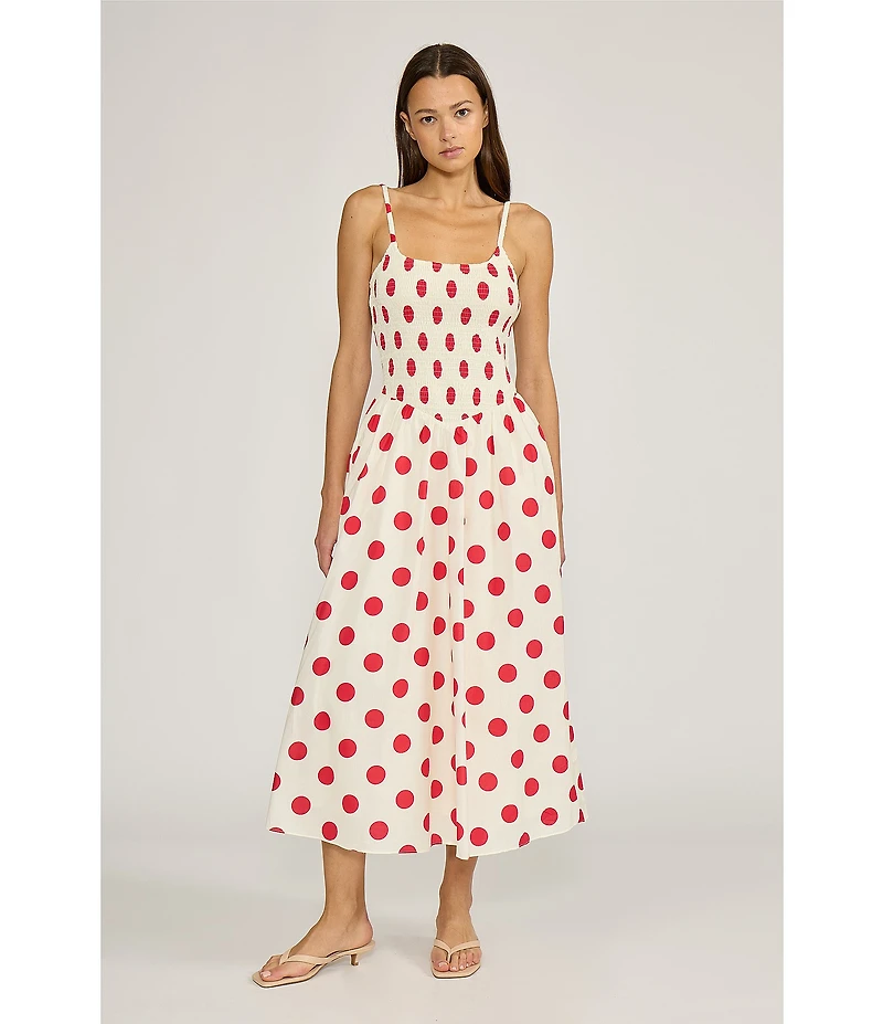 Lucy Paris Hazel Dot Printed Square Neck Sleeveless Fit and Flare Smocked Poplin Midi Dess