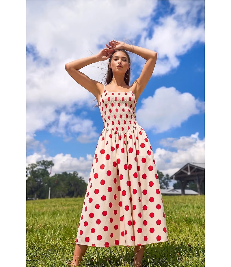 Lucy Paris Hazel Dot Printed Square Neck Sleeveless Fit and Flare Smocked Poplin Midi Dess