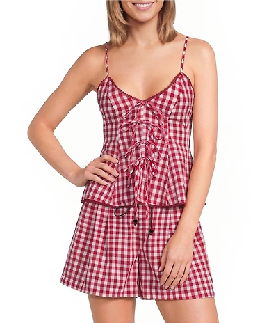 Lucy Paris Holly Gingham Print V-Neck Sleeveless Tie-Front Coordinating Top