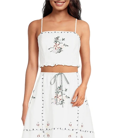Lucy Paris Inga Floral Embroidered Square Neck Sleeveless Coordinating Crop Top