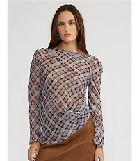 Lucy Paris Joshua Woven Plaid Print Boat Neck Long Sleeve Asymmetrical Top