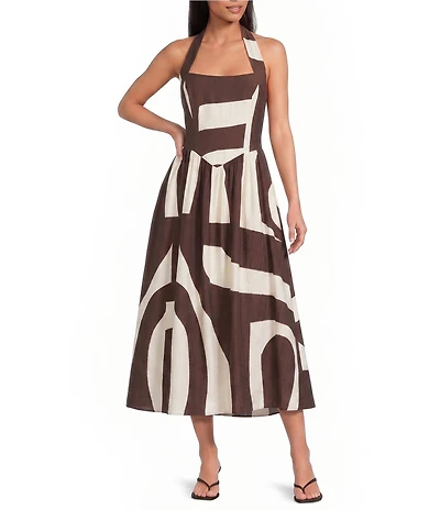 Lucy Paris Kacey Geometric Printed Halter Neck Sleeveless A-Line Midi Dress