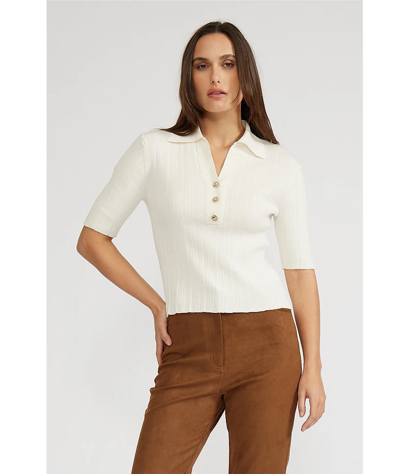 Lucy Paris Knit Point Collar V-Neck Short Sleeve Top