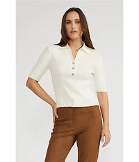 Lucy Paris Knit Point Collar V-Neck Short Sleeve Top