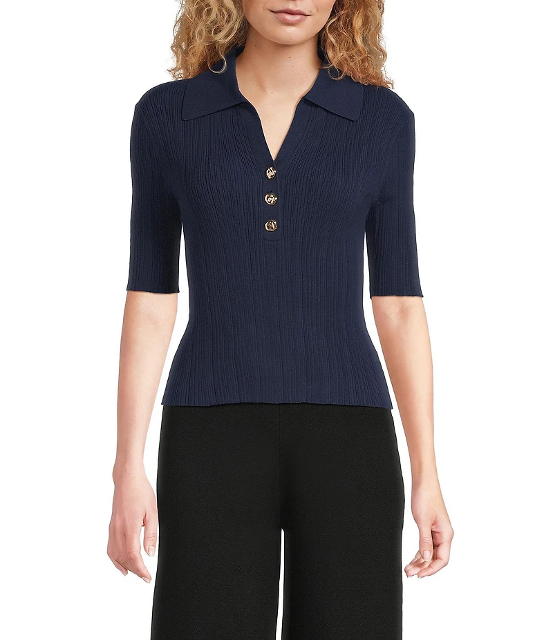 Lucy Paris Knit Point Collar V-Neck Short Sleeve Top