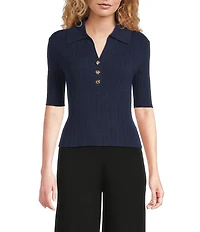 Lucy Paris Knit Point Collar V-Neck Short Sleeve Top