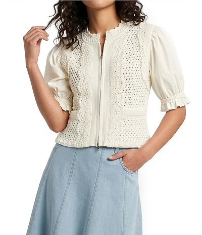 Lucy Paris Lydia Crochet Round Neck Short Sleeve Zip Up Jacket Top