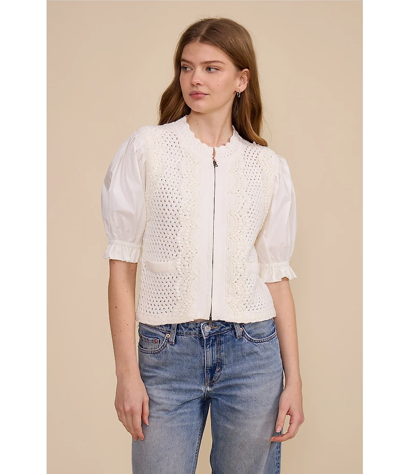 Lucy Paris Lydia Crochet Round Neck Short Sleeve Zip Up Jacket Top