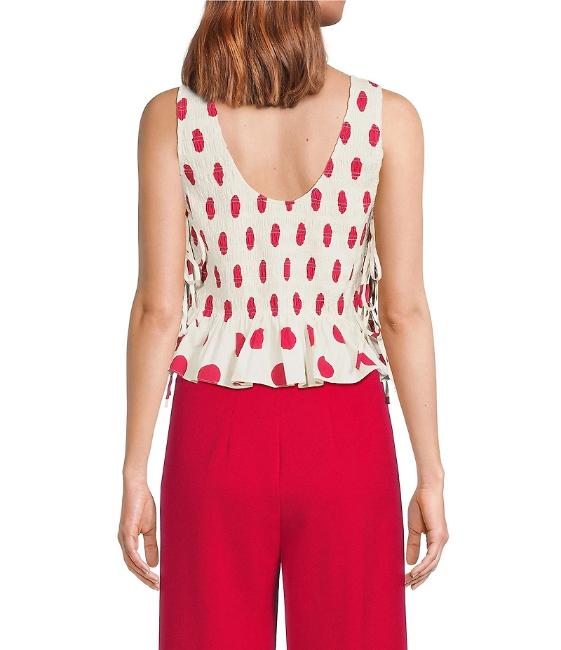 Lucy Paris Maeve Polka Dot Boat Neck Sleeveless Smocked Poplin Top