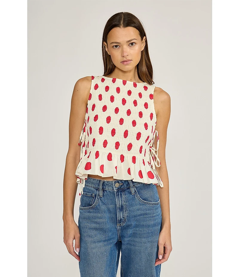 Lucy Paris Maeve Polka Dot Boat Neck Sleeveless Smocked Poplin Top