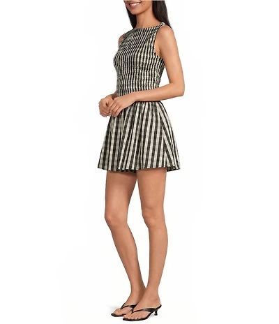 Lucy Paris Maria Gingham Print Boat Neck Sleeveless Fit and Flare Mini Dress