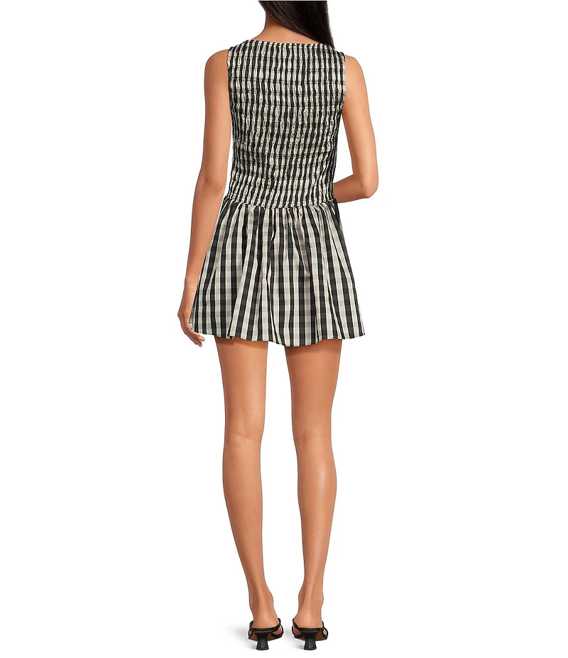 Lucy Paris Maria Gingham Print Boat Neck Sleeveless Fit and Flare Mini Dress