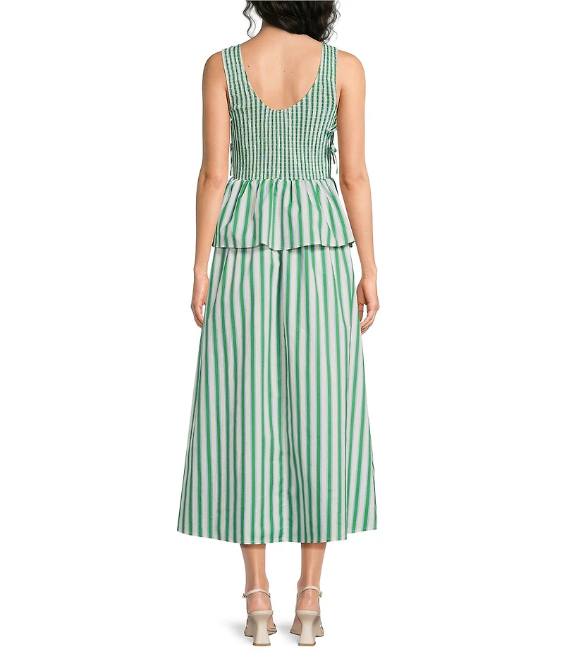 Lucy Paris Merrit Striped Boat Neck Sleeveless Peplum Smocked Midi Dress