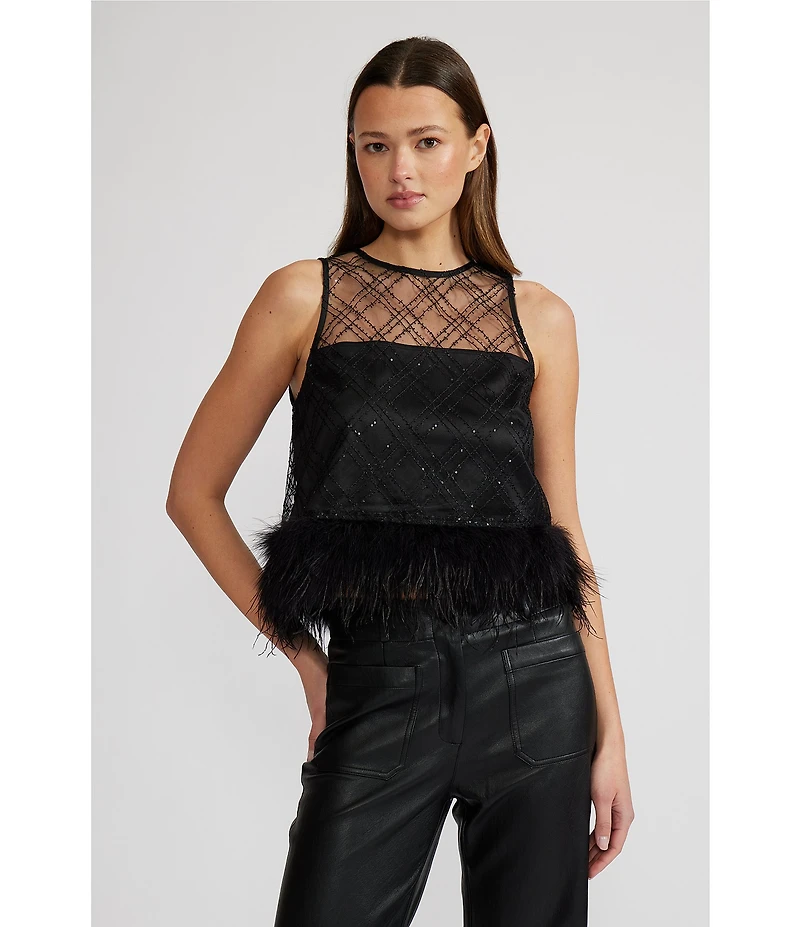 Lucy Paris Miley Woven Feather Trim Scoop Neck Sleeveless Blouse