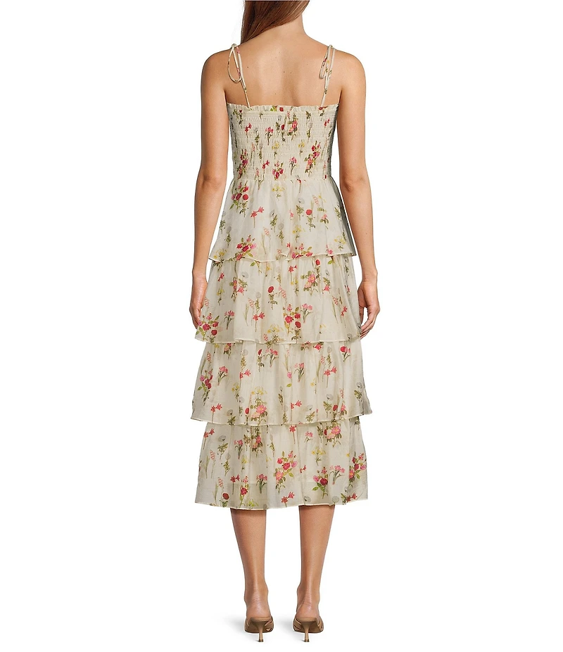 Lucy Paris Olive Floral Square Neck Spaghetti Strap Ruffle Smocked Tiered Midi Dress