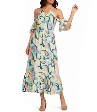 Lucy Paris Ophelia Printed Off-the-Shoulder Halter Neck Tie Midi Dress