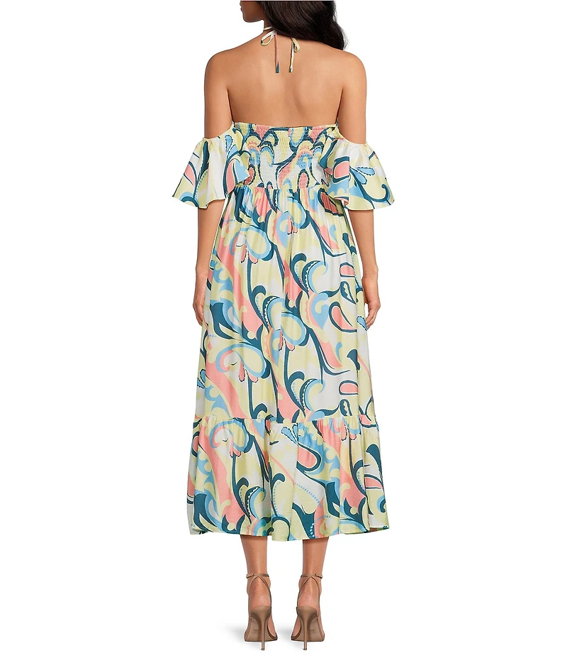 Lucy Paris Ophelia Printed Off-the-Shoulder Halter Neck Tie Midi Dress