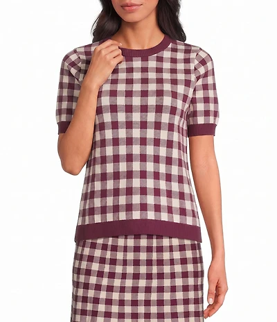 Lucy Paris Petite Size Check Knit Round Neck Short Sleeve Coordinating Sweater Top