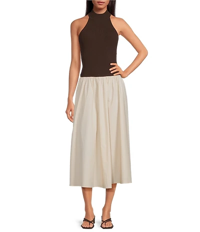Lucy Paris Petite Size December Mixed Media Halter Mock Neck Sleeveless Midi Dress