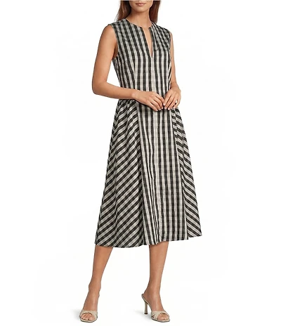 Lucy Paris Petite Size Ginger Gingham Print Split V-Neck Sleeveless A-Line Midi Dress