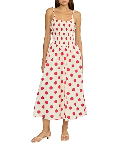 Lucy Paris Petite Size Hazel Dot Printed Square Neck Sleeveless Fit and Flare Smocked Poplin Midi Dess