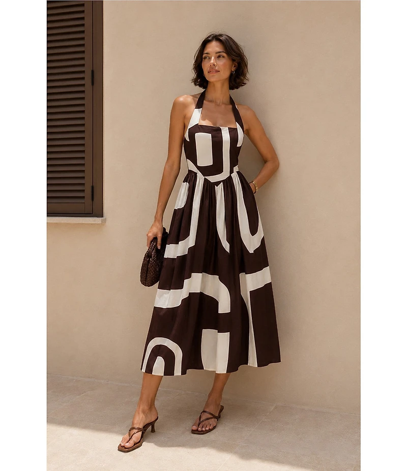Lucy Paris Petite Size Kacey Geometric Printed Halter Neck Sleeveless A-Line Midi Dress