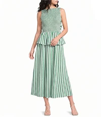 Lucy Paris Petite Size Merrit Striped Boat Neck Sleeveless Peplum Smocked Midi Dress