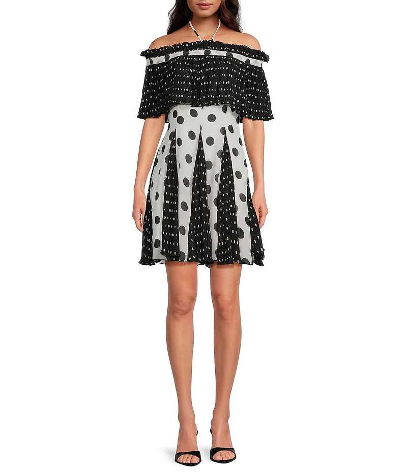 Lucy Paris Petite Size Nutini Polka Dot Off-the-Shoulder A-Line Mini Dress
