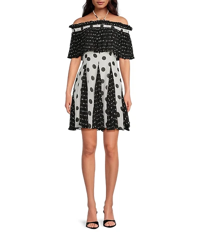 Lucy Paris Petite Size Nutini Polka Dot Off-the-Shoulder A-Line Mini Dress